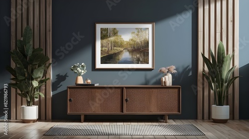 Perfect home decor featuring a blue wall with a framed photo.