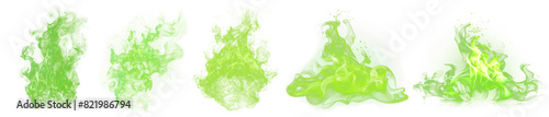 Green fire png element set on transparent background