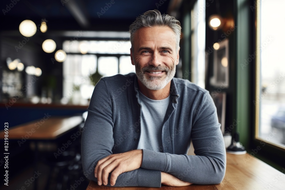 Portrait of a joyful man in his 50s with arms crossed in scandinavian-style interior background