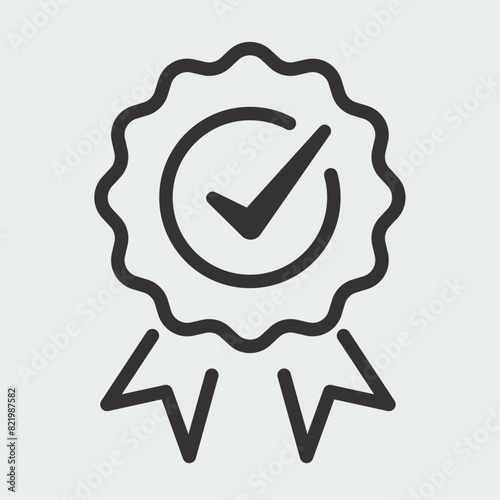 Quality icon, certified check mark ribbon label. Certified premium product symbol. Best choice sign. Recommended award or warranty approved. Discount logo.