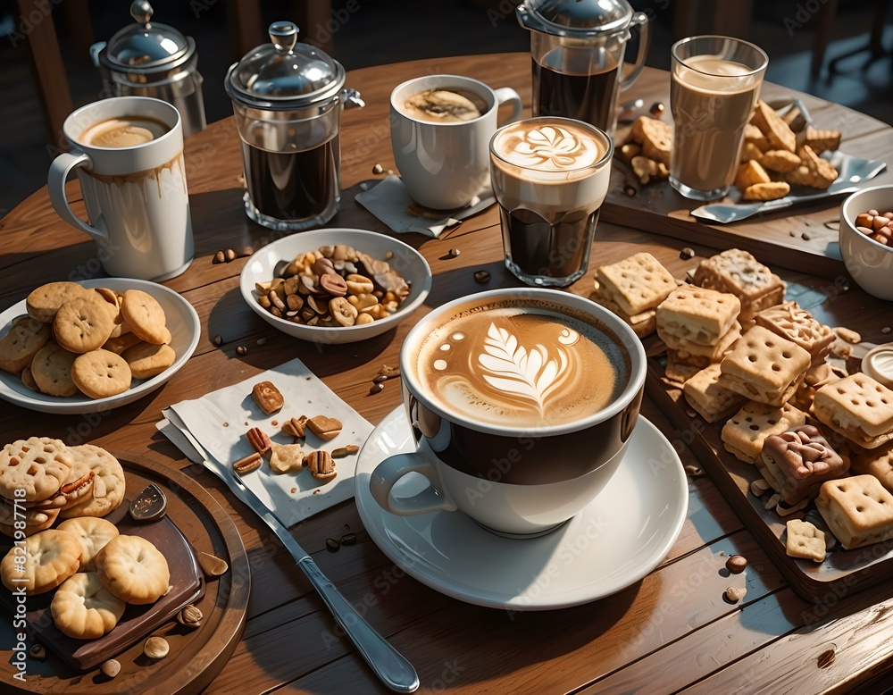 Coffee Table Cluttered with Coffees and Snacks Coffee Table Cluttered with Coffees and Snacks