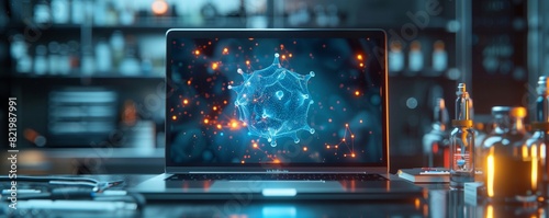 A digital representation of a virus on a laptop screen in a high-tech laboratory setting, highlighting biotechnology.