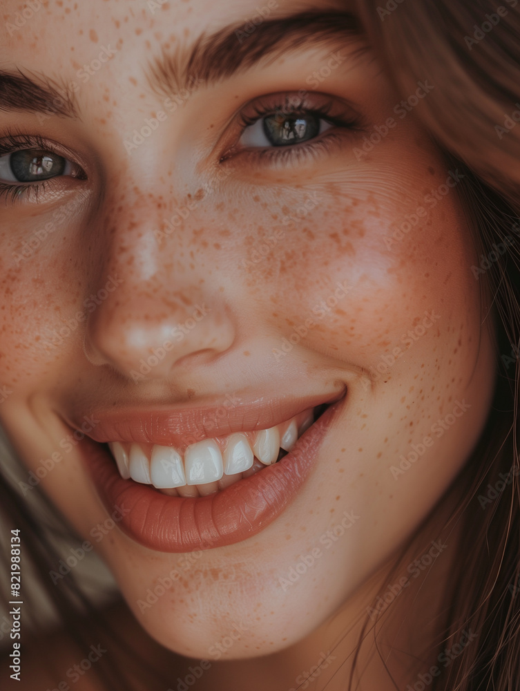 Macro portrait wallpaper focusing on a smile, highlighting perfect teeth alignment and a cheek dimple. Natural, soft light enhances textures, creating a warm, inviting feel.