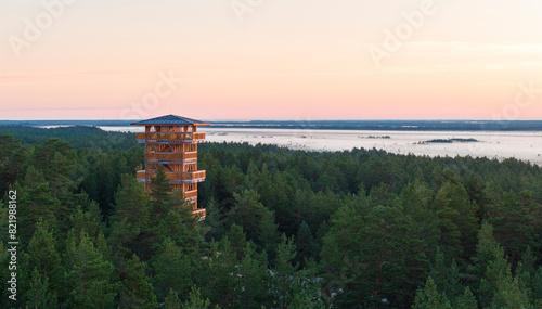 Aerial view of a watchtower of Rannametsa-Tolkuse nature trail in Luitemaa nature reserve, Estonia photo