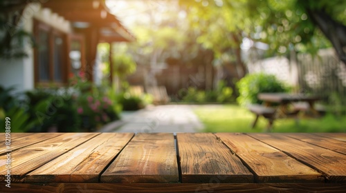 A wooden table with a blurred background of foliage and sunlight