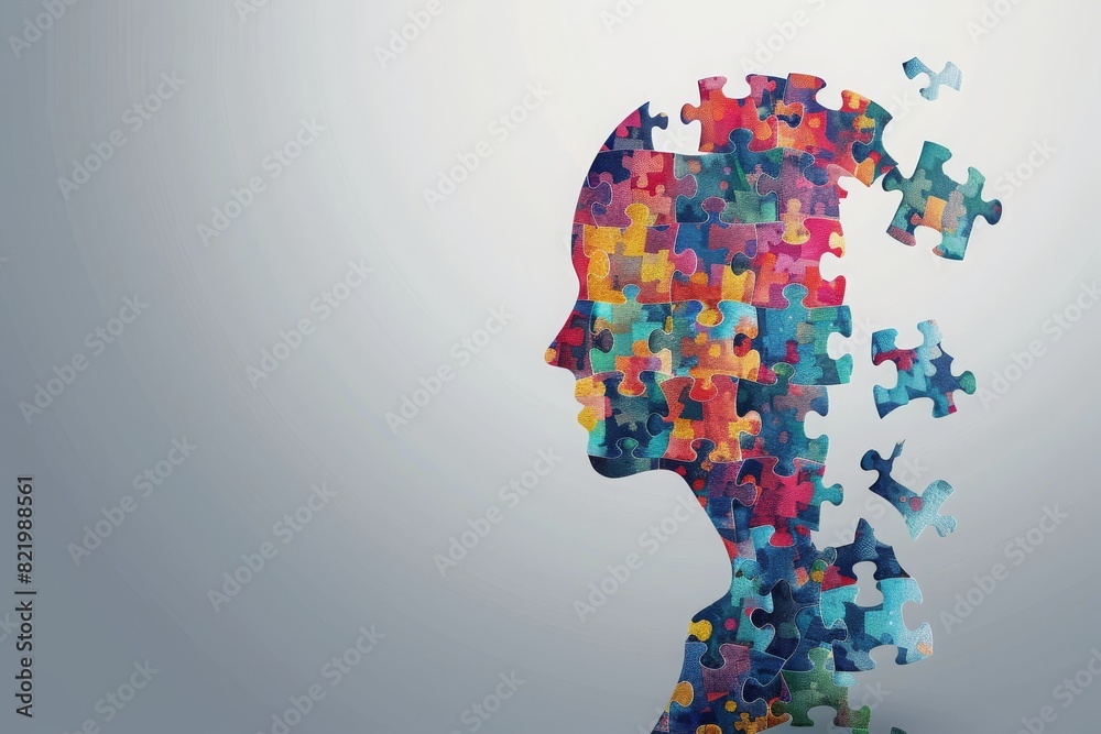 Illustration banner design of human profile made of colorful puzzle pieces. Knowledge and logic concept. Header with connecting jigsaw puzzle pieces with copy space