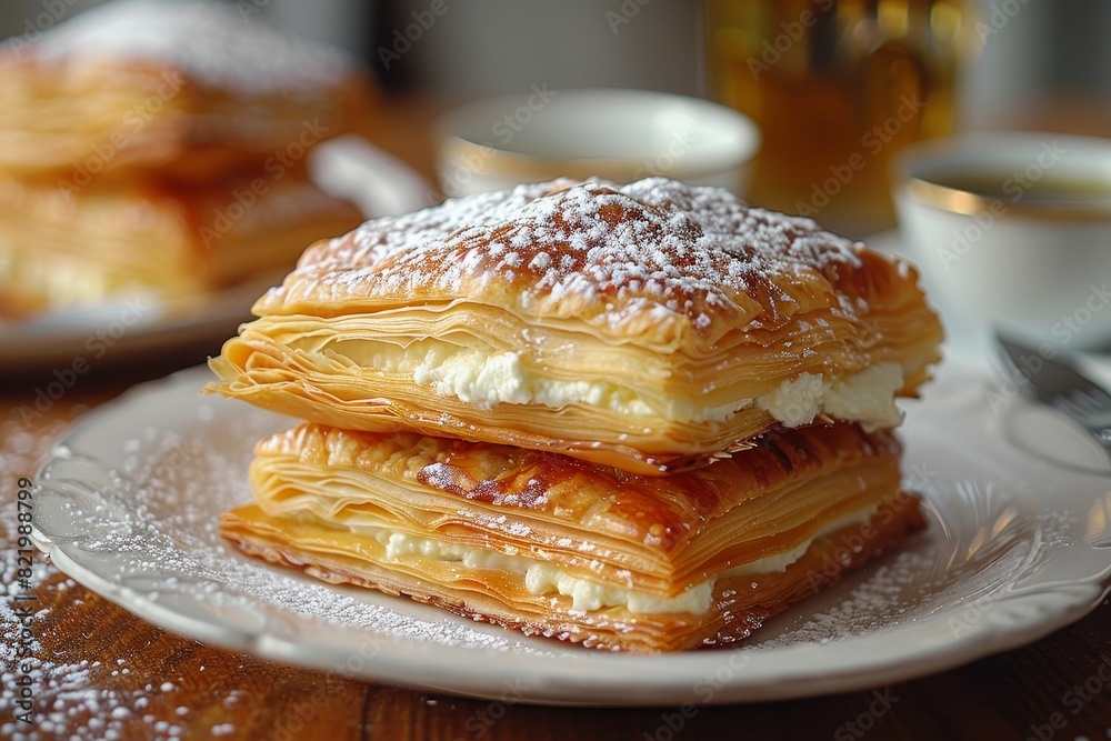Sfogliatella: A flaky pastry with a creamy ricotta filling, dusted with powdered sugar. Sfogliatella: A flaky pastry with a creamy ricotta filling, dusted with powdered sugar.