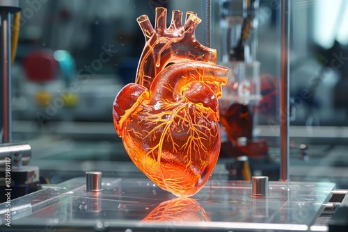 Creating artificial heart , medical 3D printing of heart model transplantation organ biological engineering, engineering bioprinting. AI Generative  photo