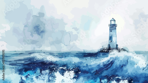 Watercolor seascape lighthouse blue waves backdrop ha