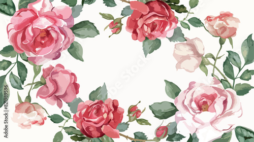 White frame with roses watercolor pink flowers. Floral