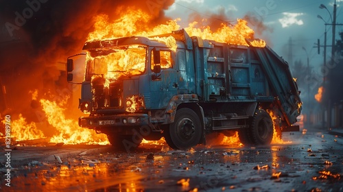 A bright cobalt garbage truck engulfed in flames in an industrial area,