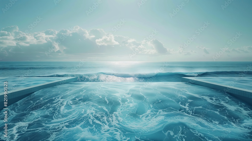 Fototapeta premium A vast wave pool extends into a virtual horizon, with seamless waves blending into the sky for an immersive experience.
