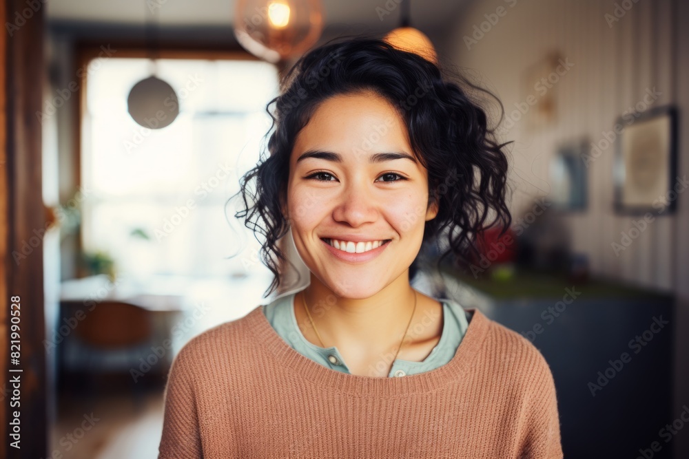 Portrait of a happy asian woman in her 20s smiling at the camera isolated on scandinavian-style interior background Portrait of a happy asian woman in her 20s smiling at the camera isolated on scandinavian-style interior background