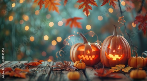 Two carved pumpkins glow warmly on a rustic wooden table, surrounded by vibrant autumn leaves. The background captures the essence of a magical fall evening with golden hues and a dreamy bokeh effect