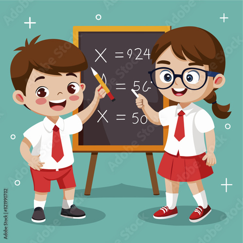 A child writes a mathematical formula on a blackboard vector illustration