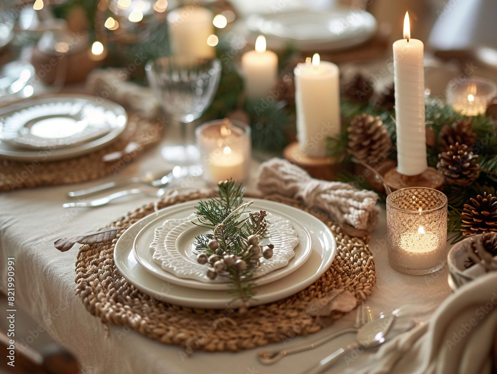 Elegant holiday table adorned with decorative candles and red and green accents for festive celebration.