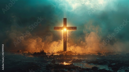 A wooden cross is standing in a field of yellow flowers