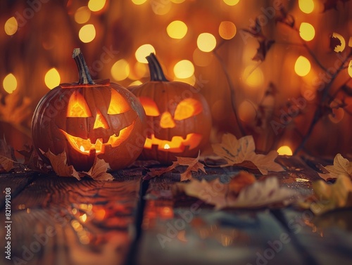 Two carved pumpkins glow warmly on a rustic wooden table, surrounded by vibrant autumn leaves. The background captures the essence of a magical fall evening with golden hues and a dreamy bokeh effect