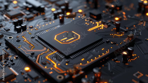 close-up of a computer microchip on a circuit board, with glowing orange lights indicating data flow and activity. The scene highlights advanced technology and electronics photo