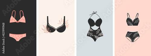 Elegant, luxury lingerie and underwear logos collection. Hand drawn minimalist illustrations, boho style logos photo