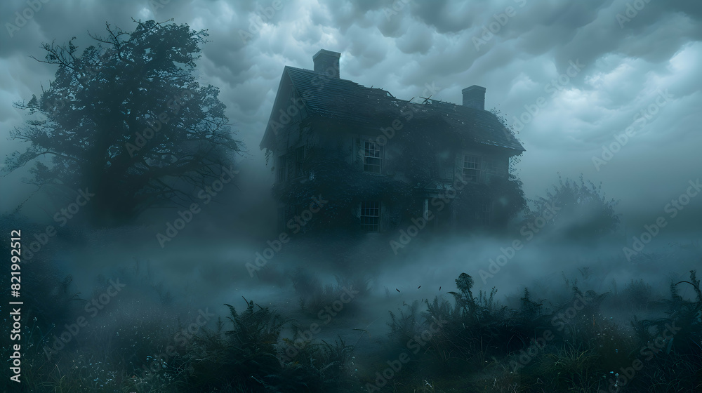 A Halloween haunted house surrounded by fog and twisted trees A Halloween haunted house surrounded by fog and twisted trees