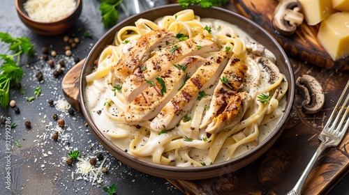 Delicious Alfredo pasta with juicy chicken  rich mushrooms  and a creamy parmesan sauce. It s a healthy and tasty Italian treat.