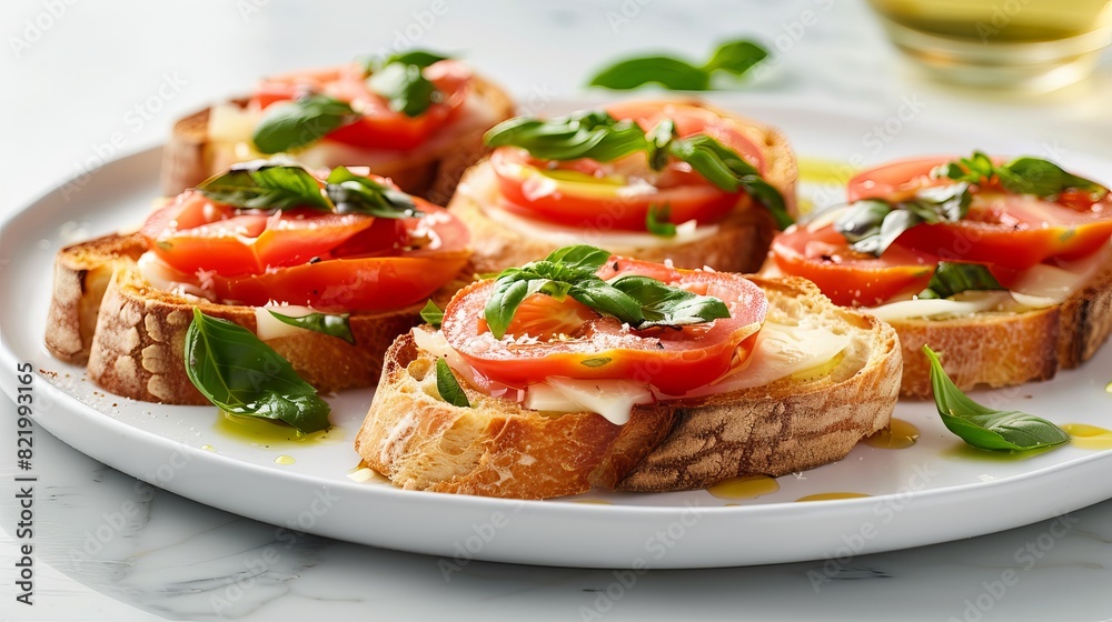 Crispy toasted bread slices topped with ripe tomatoes, creamy cheese, a drizzle of olive oil, and fragrant basil. A classic Italian appetizer on a white marble background. Crispy toasted bread slices topped with ripe tomatoes, creamy cheese, a drizzle of olive oil, and fragrant basil. A classic Italian appetizer on a white marble background.