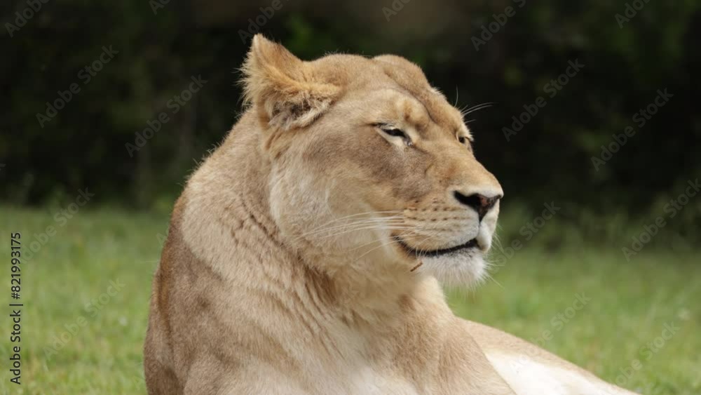 lionne allongée dans l'herbe, en gros plan. lionne allongée dans l'herbe, en gros plan.