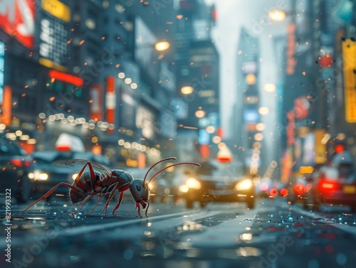 A giant ant traverses a futuristic, rainy city street illuminated by bright neon lights, blending nature with urban life and highlighting themes of scale and surrealism photo
