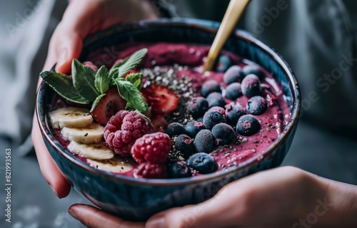 A closeup of the smoothie bowl, with chia seeds and fresh fruits on top