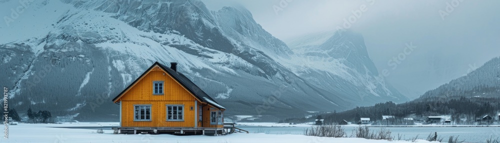 A house in the mountains during snowy winter.