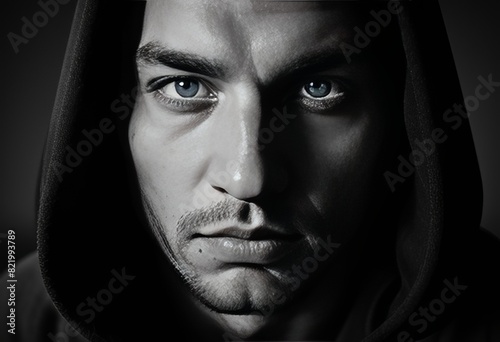 face of a guy in a hood black and white photo