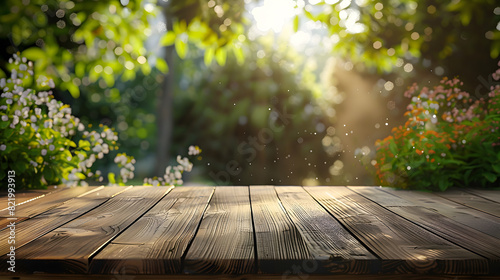 Fototapeta Naklejka Na Ścianę i Meble -  Outdoor background Wooden table in 3d png transparent using for product presentation.