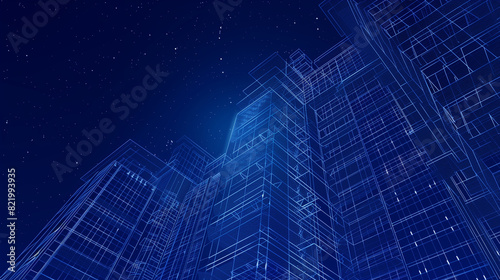 Fototapeta Naklejka Na Ścianę i Meble -  A blue building with a crane in the background. The building is made of lines and dots, giving it a futuristic appearance