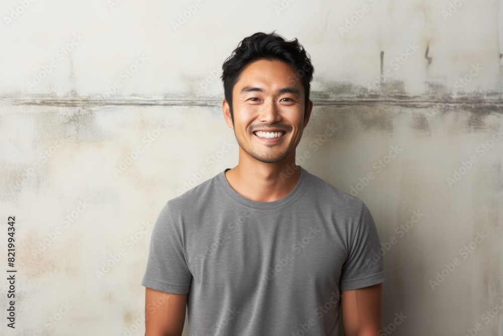 Obraz premium Portrait of a grinning asian man in his 30s smiling at the camera isolated in bare concrete or plaster wall