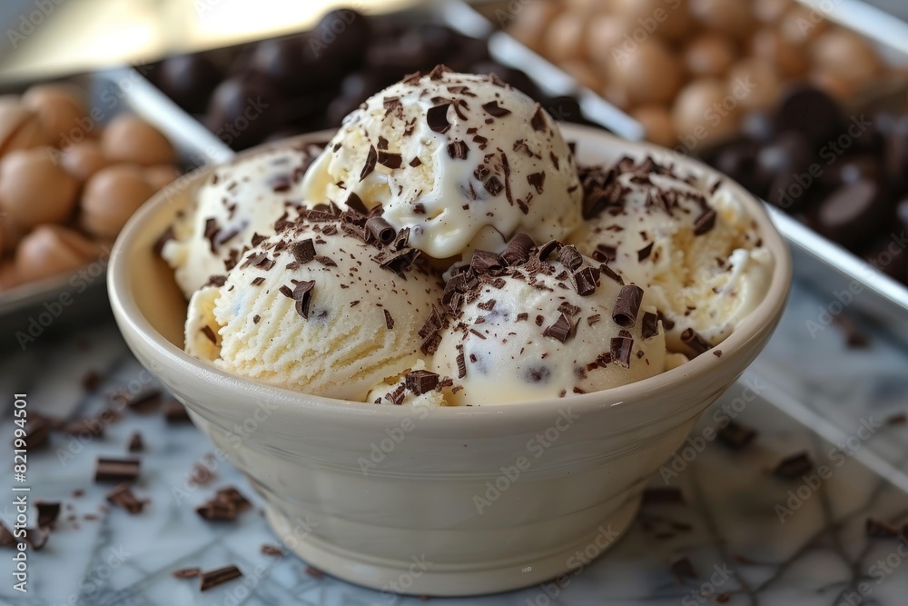 Stracciatella Gelato: Creamy gelato with fine chocolate shavings throughout, served in a bowl or cone. 