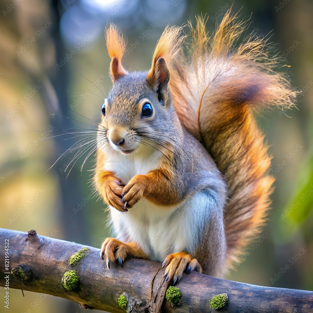 a squirrel with a realistic fluffy tail sits on a a squirrel with a realistic fluffy tail sits on a