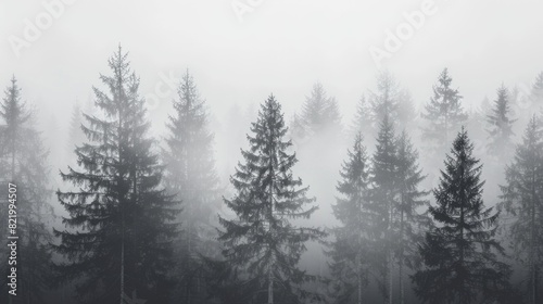 Mistic fir trees between fog.