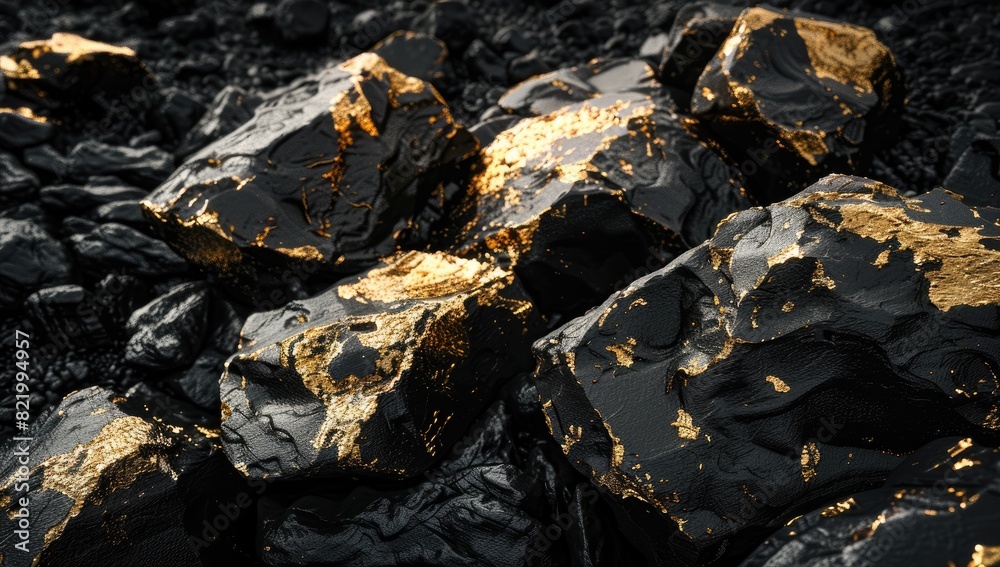 Shiny Black Rocks with Gold Veins Shiny Black Rocks with Gold Veins