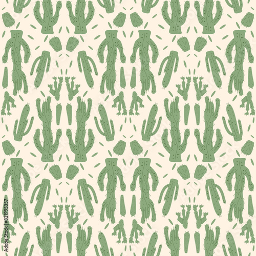 Cactus doodle seamless pattern. Mexican exotic plant endless background. Nopal repeat cover. Vector flat illustration.