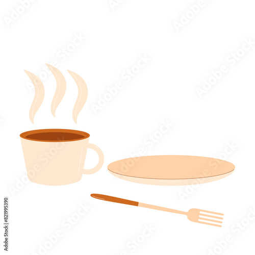 Coffee espresso cup with plate and fork. Vector illustration isolated on white background.