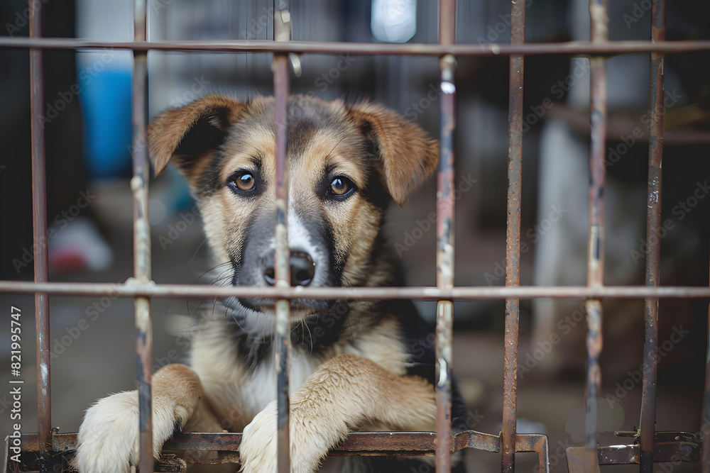 Sad Animal Rescues Stray homeless dog in animal shelter cage. Sad abandoned hungry dog ...