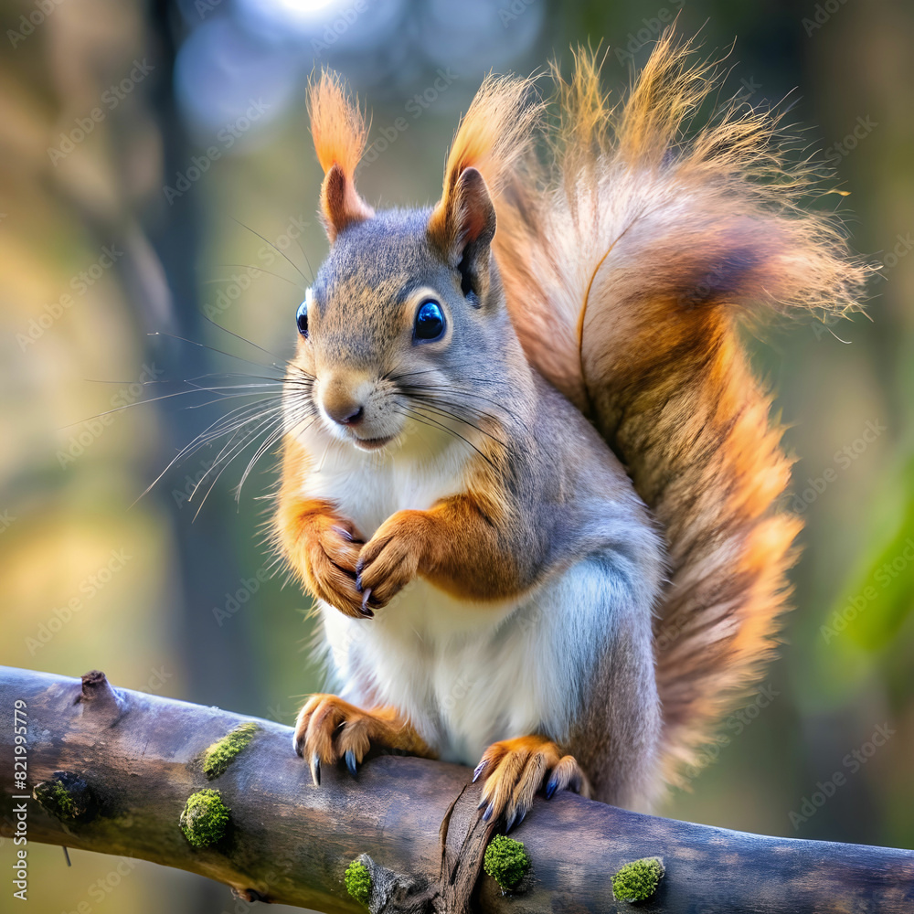 a squirrel with a realistic fluffy tail sits on a a squirrel with a realistic fluffy tail sits on a
