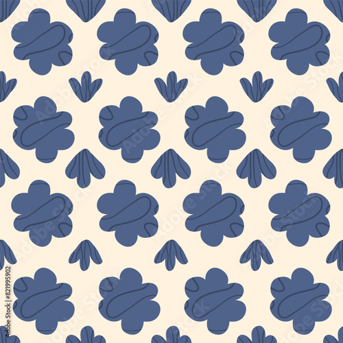 Retro simple flowers seamless pattern. Floral blue endless background. Flower ornament tile. Wild flowers botanic repeat cover. Vector hand drawn illustration.