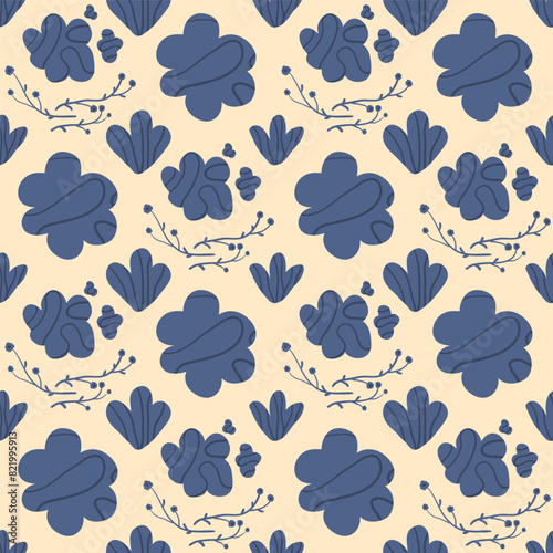Flowers seamless pattern. Floral retro endless background. Flower ornament tile. Dark blue botanic repeat cover. Vector hand drawn illustration.