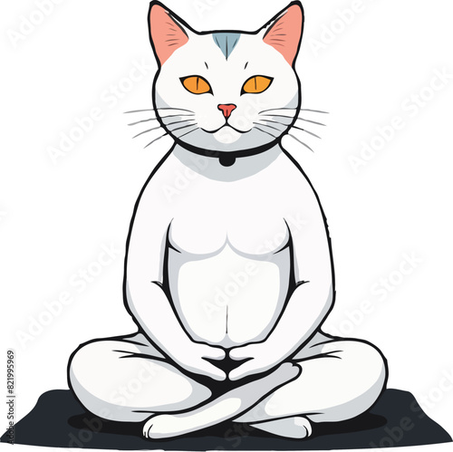 Serene meditation cat assumes the lotus position on the floor, gazing upwards with tranquility © Wirestock