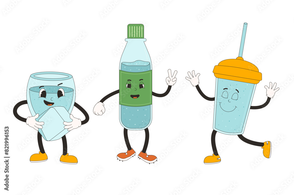 Bottle and glass of water retro cartoon mascots set. Drink rubber hose animation style groovy characters. Beverage cute anthropomorphic. Ecologic and wellness vector flat illustration Bottle and glass of water retro cartoon mascots set. Drink rubber hose animation style groovy characters. Beverage cute anthropomorphic. Ecologic and wellness vector flat illustration