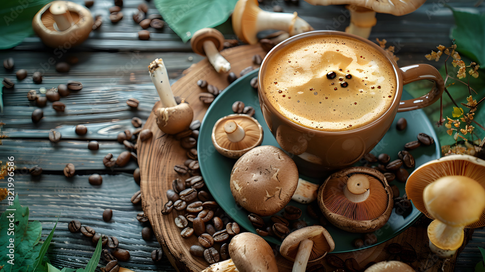 A cup of mushroom coffee on the table, surrounded by mushrooms and coffee beans A cup of mushroom coffee on the table, surrounded by mushrooms and coffee beans