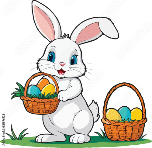 Easter bunny with eggs-filled basket on grass and flowers