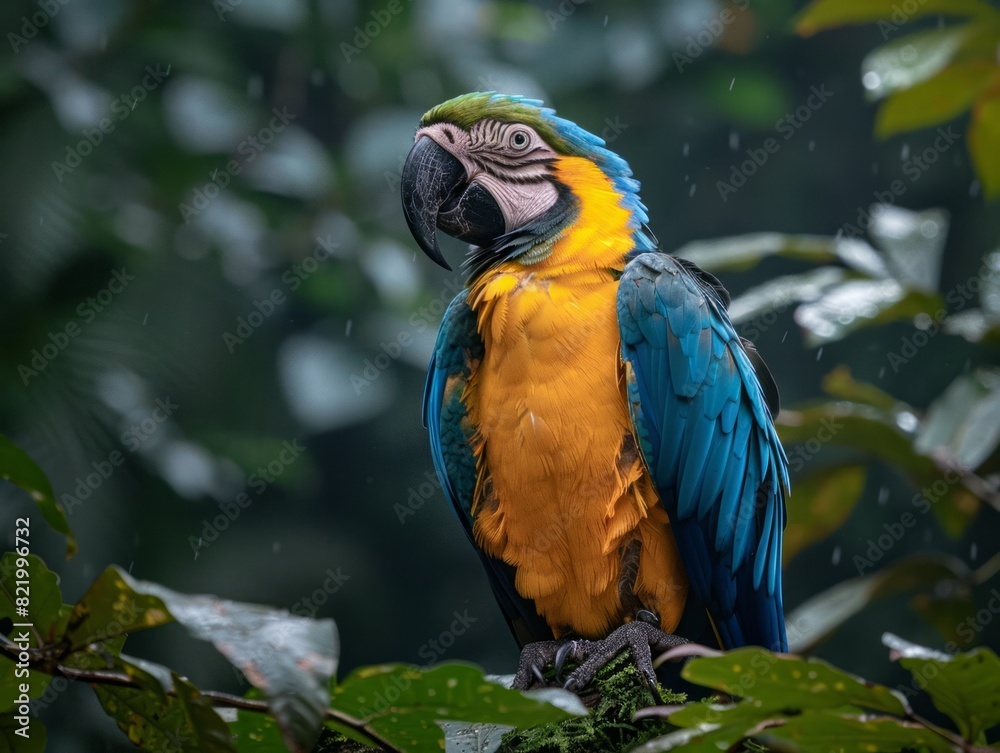 A vibrant macaw perches on a branch amidst a lush, rainy jungle, conveying tranquility, beauty, and the essence of nature A vibrant macaw perches on a branch amidst a lush, rainy jungle, conveying tranquility, beauty, and the essence of nature